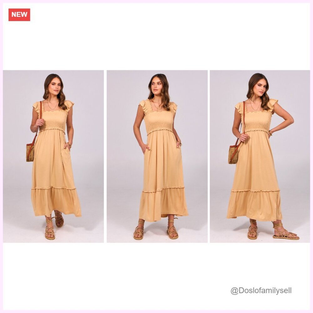 Sleeveless Maxi Dress Square Neck Smocked Boho Casual Ruffle Strap Flowy - Picture 7 of 7